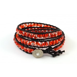 3 rows leather and glass beads bracelet black and red